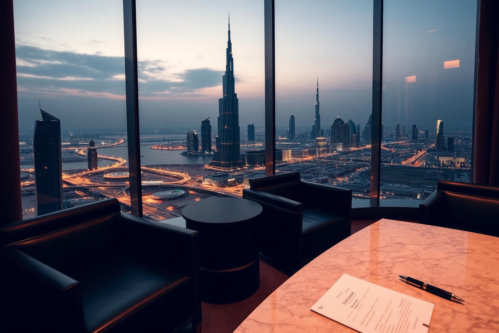 Private banking meeting overlooking Dubai skyline