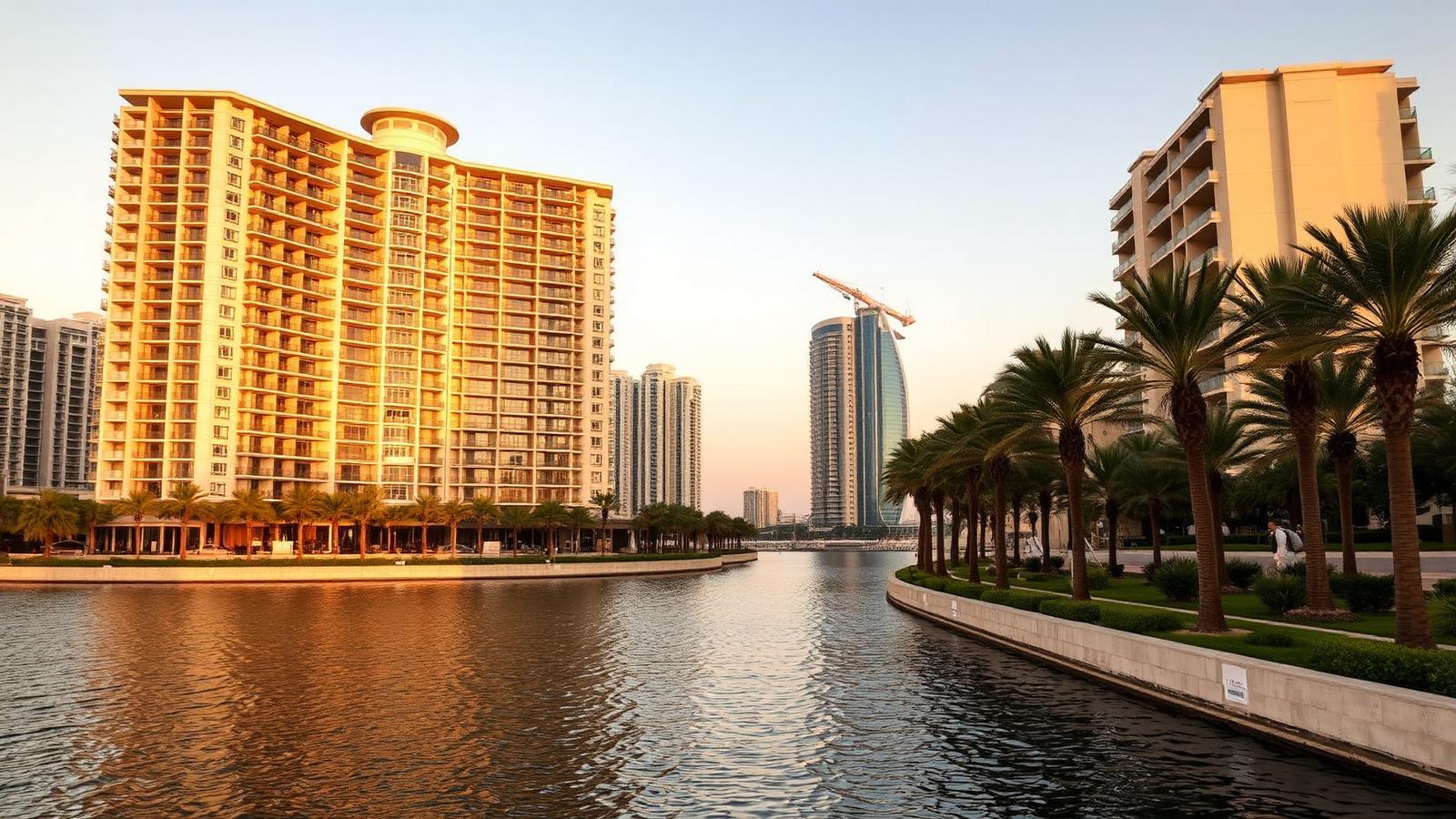 Luxury Dubai waterfront residential towers at golden hour